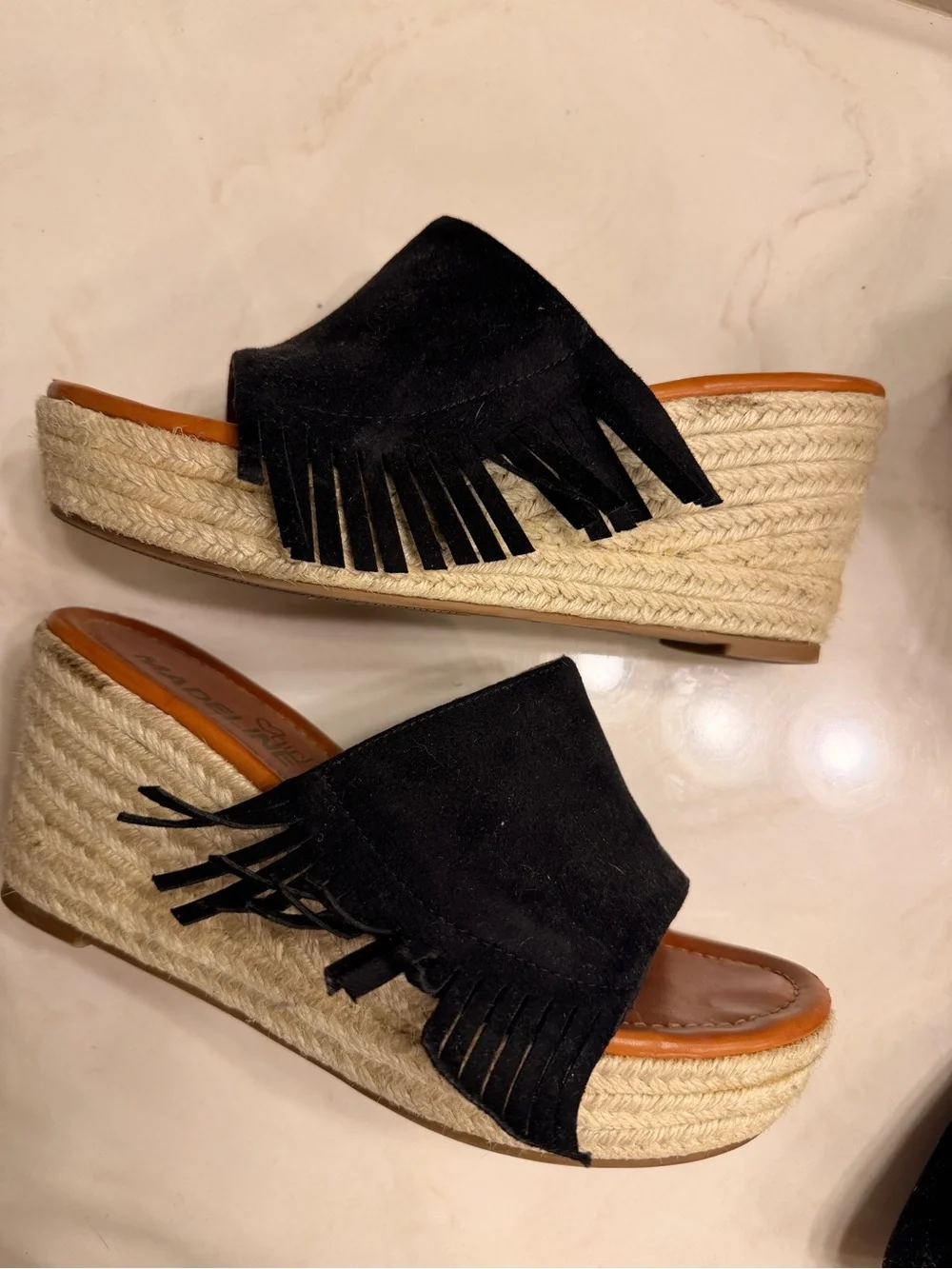 Madeline Black Suede Fringe Slide Mules with Tan Footbed